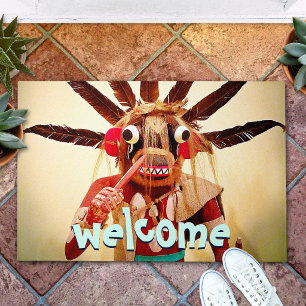 Paillasson Bois Kachina Poupée drôle Visage Bienvenue Typogra
