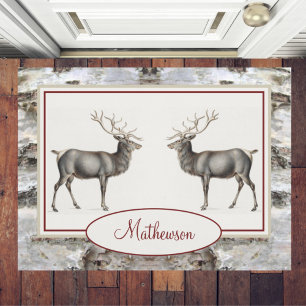 Paillasson Bois rustique Elk / Reindeer Famille Monogramme ta