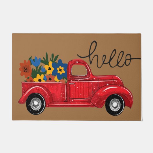 Paillasson Bonjour Camion Rouge Et Mat Fleur, Retro (Devant)