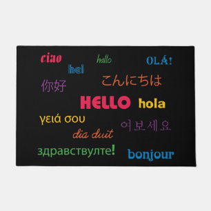 Paillasson Bonjour dans plusieurs langues Coloré rose bleu