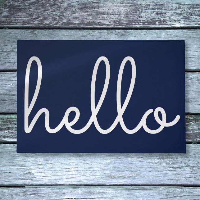 Paillasson Bonjour élégant Script moderne bleu marine (Hello Stylish Modern Script Navy Blue Doormat)