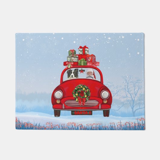 Paillasson Bordure Collie Chien En Voiture Avec Le Père Noël (Devant)