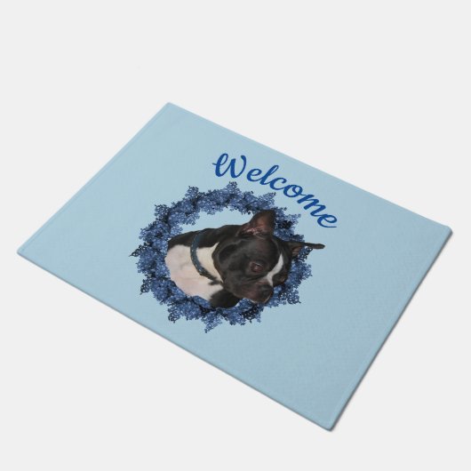 Paillasson Boston Terrier Chien Floral Wreath Bienvenue (Incliné)