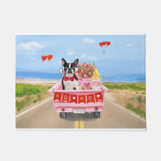 Paillasson Boston Terrier Chien Valentine's Day Truck Hearts (Devant)