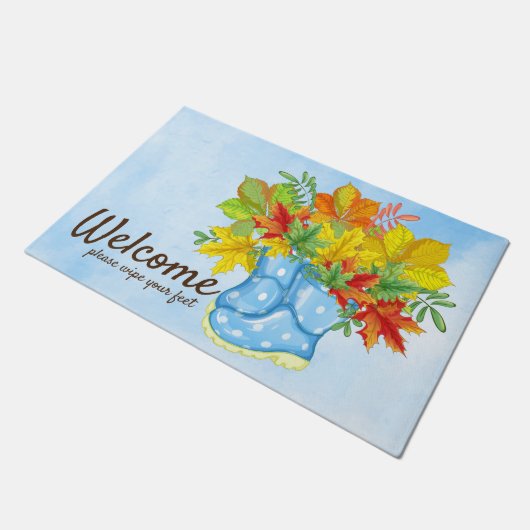 Paillasson Bottes Bleues Polka-dot Pluie Feuilles d'automne B (Incliné)