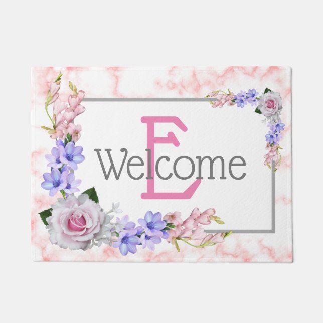 Paillasson Bouquet de rose monogramme Bienvenue (Devant)