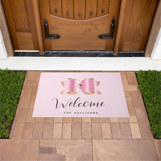 Paillasson Bow en verre rose avec un centre Gemstone Welcome (De plein air)