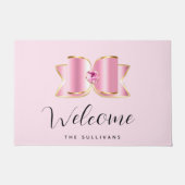 Paillasson Bow en verre rose avec un centre Gemstone Welcome (Devant)
