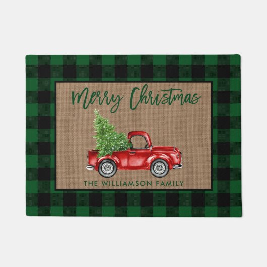 Paillasson Bracelet Script Vert Plaid Burlap Camion de Noël (Devant)