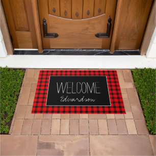 Paillasson Buffalo plaid noir Bienvenue nom de famille script