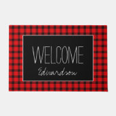 Paillasson Buffalo plaid noir Bienvenue nom de famille script (Devant)