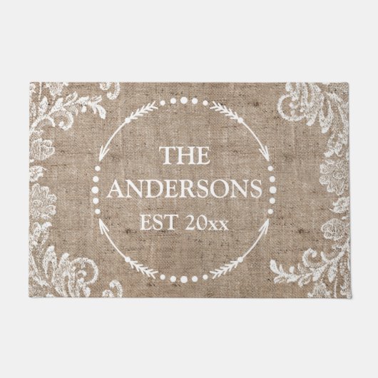 Paillasson Burlap Dentelle Rustique Chic Nom personnalisé (Devant)