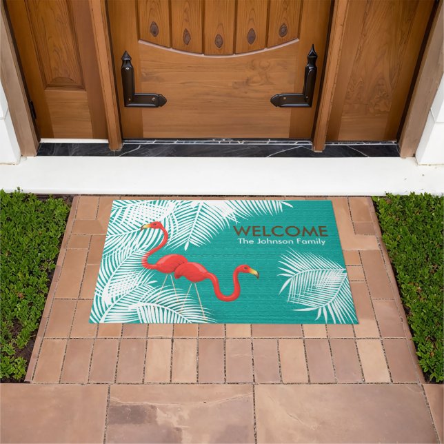 Paillasson Burlap turquoise avec Flamants roses roses (De plein air)