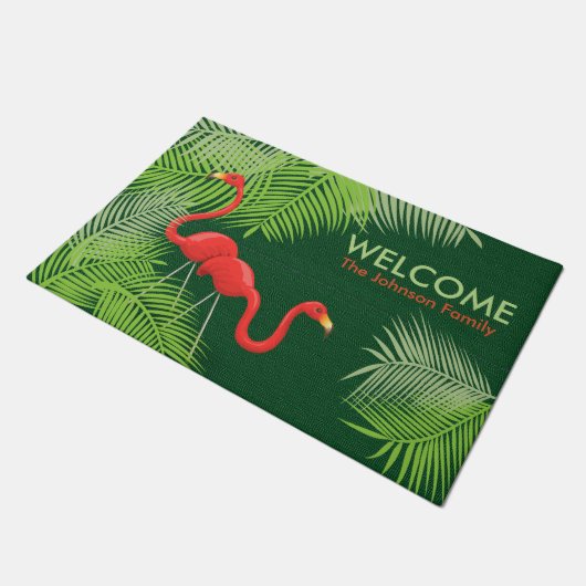 Paillasson Burlap vert avec Flamants roses roses (Incliné)