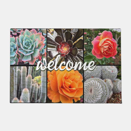Paillasson Cactus Roses Photo Collage Bienvenue Script Modern (Devant)