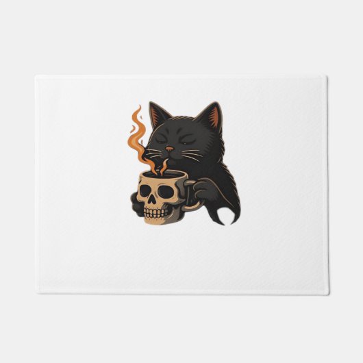 Paillasson Café En Chat Foncé Avec Mug Crâne Surdimensionné T (Devant)
