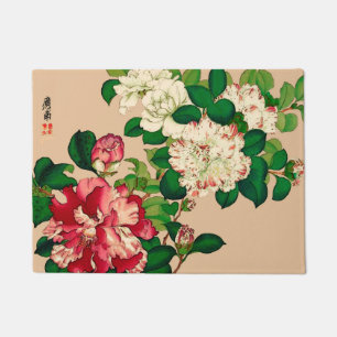 Paillasson Camélias japonais vintages. Rose-foncé sur le