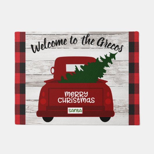 Paillasson Camion Vintage rouge avec pot de bienvenue (Devant)