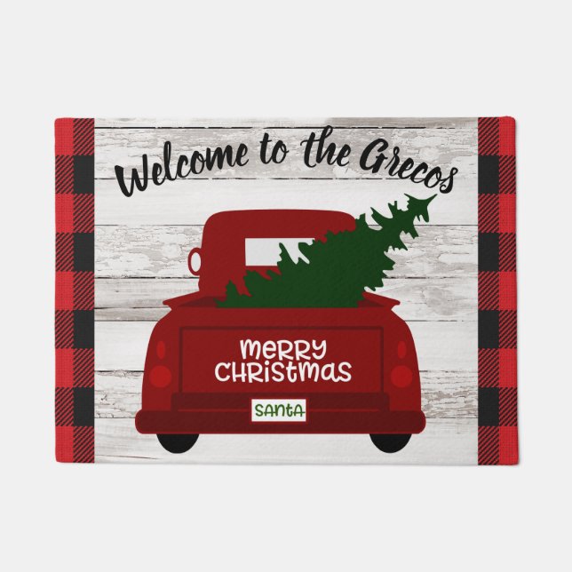 Paillasson Camion Vintage rouge avec pot de bienvenue (Devant)