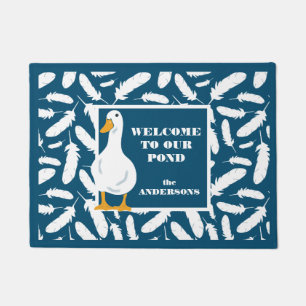 Paillasson Canard blanc et plumes personnalisés Marine bleu