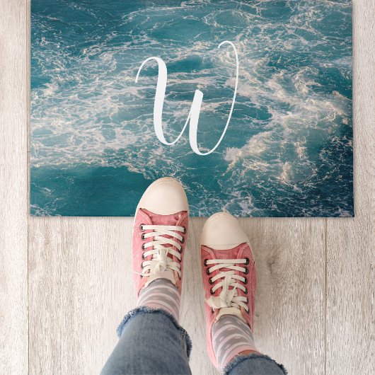 Paillasson Caraibes bleu blanc Vagues mer Monogramme