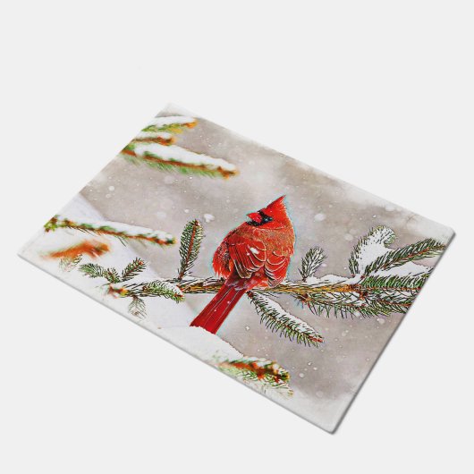 Paillasson Cardinal dans un pin en hiver (Incliné)