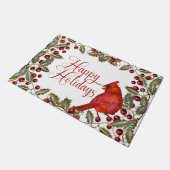 Paillasson Cardinal Rouge Holly et Baies rouges Joyeuses fête (Incliné)