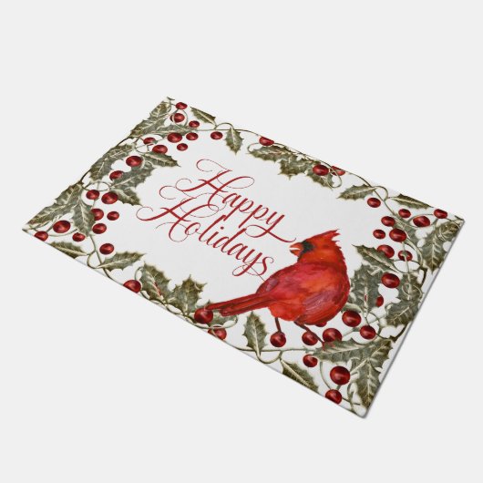 Paillasson Cardinal Rouge Holly et Baies rouges Joyeuses fête (Incliné)