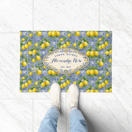 Paillasson Carreau de style provençal bleu citron avec monogr