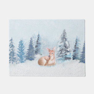 Paillasson Cerfs communs chics d'aquarelle d'hiver dans la