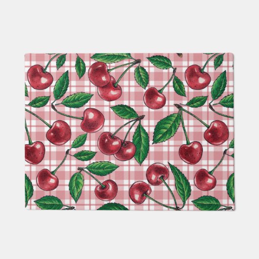 Paillasson Cerises rouges sur en vichy rose (Devant)