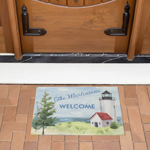 Paillasson Charming Watercolor Lighthouse Scene Nom de bienve