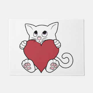 Paillasson Chat blanc de Saint-Valentin avec le coeur rouge