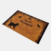 Paillasson Chat noir avec chauve-souris, Happy Halloween (Incliné)