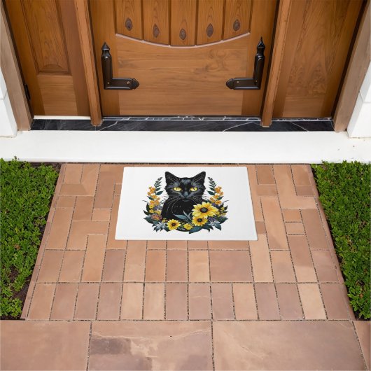 Paillasson chat noir avec fleurs (De plein air)