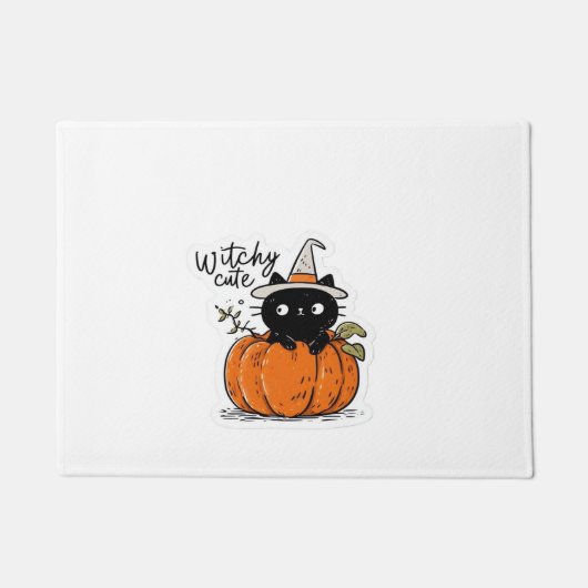 Paillasson Chat noir mignon en citrouille avec casquette sorc (Devant)