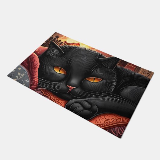 Paillasson Chat noir posé devant une cheminée (Incliné)