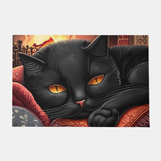 Paillasson Chat noir posé devant une cheminée (Devant)