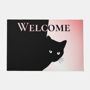 Paillasson Chat noir rusé Bienvenue rose