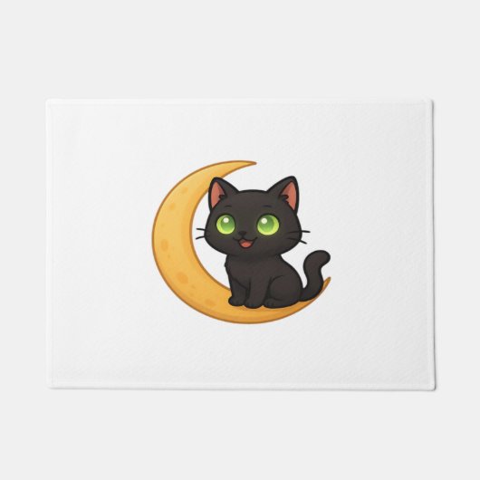 Paillasson Chat noir souriant aux yeux verts brillants assis (Devant)