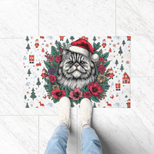 Paillasson Chat persan de Noël, Père Noël Floral Kitty persan