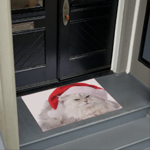 Paillasson Chat perse portant le mat de chapeau de Santa