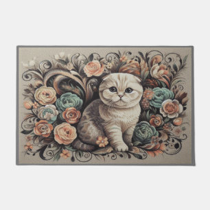 Paillasson Chat plié écossais floral, Fleurs pliées écossaise