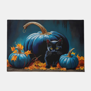 Paillasson Chaton noir et lune bleue Citrouilles Feuilles d'a