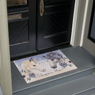 Paillasson Cheval bleu gris avec fleurs nom personnalisé