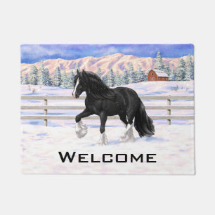 Paillasson Cheval d'attelage noir et blanc de la bannière Tzi