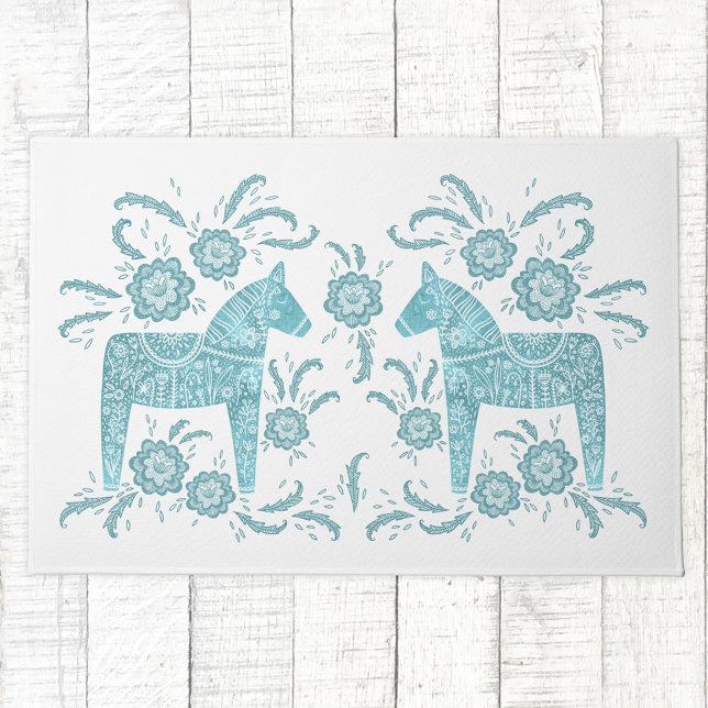 Paillasson Cheval de Dala suédois Turquoise vert et blanc mat (Swedish Dala Horse folk art teal and white doormat)