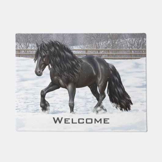 Paillasson Cheval Noir Friésien En Neige (Devant)