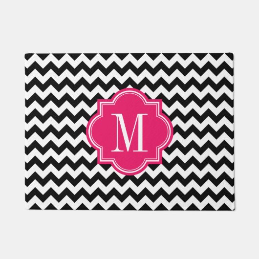 Paillasson Chevron noir et blanc avec le monogramme de roses (Devant)