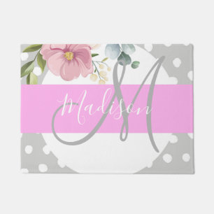 Paillasson Chic & Féminin Fleurs Blanc Rose Gris Monogramme N